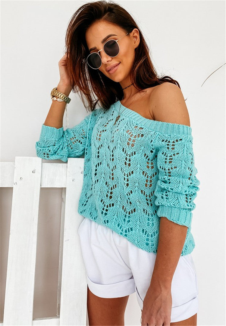 Damen Off-Shoulder Strickpullover mit filigranem Lochmuster Sovae