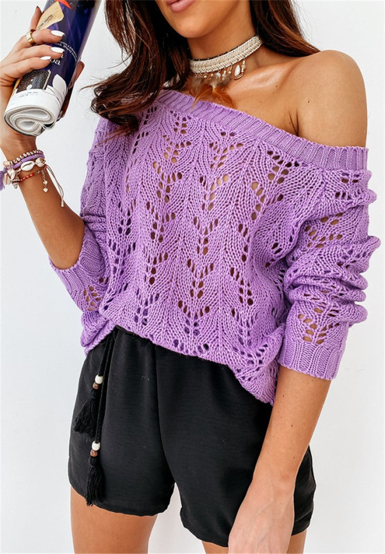 Damen Off-Shoulder Strickpullover mit filigranem Lochmuster Sovae