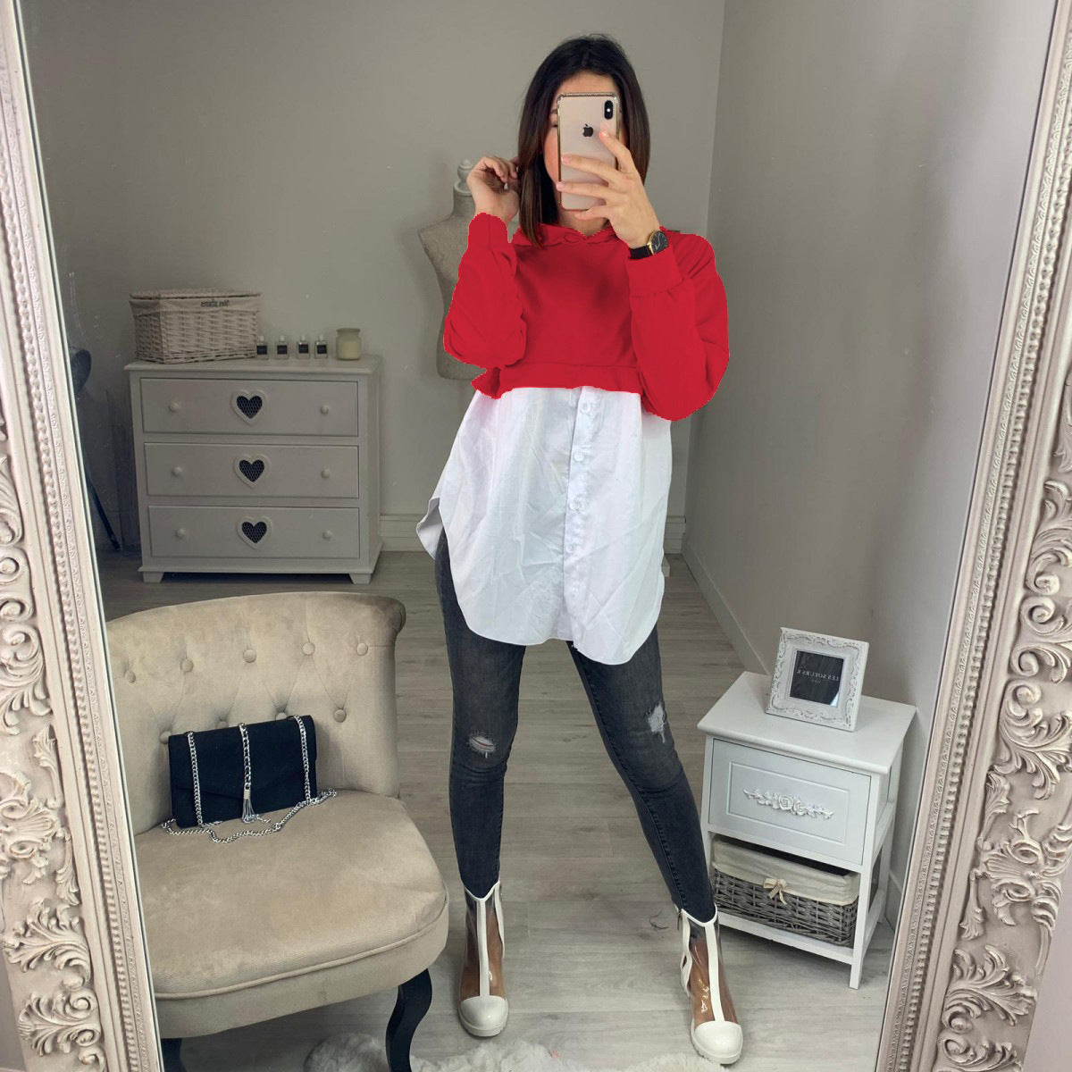Damen Cropped Hoodie mit modischer Hemdbluse kombiniert Sovae