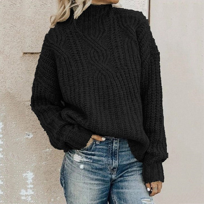 Damen Strickpullover mit hohem Kragen und Zopfmuster Sovae