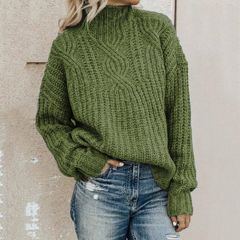 Damen Strickpullover mit hohem Kragen und Zopfmuster Sovae