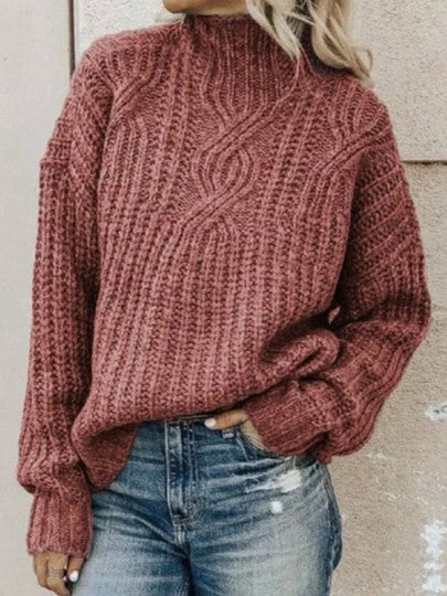 Damen Strickpullover mit hohem Kragen und Zopfmuster Sovae