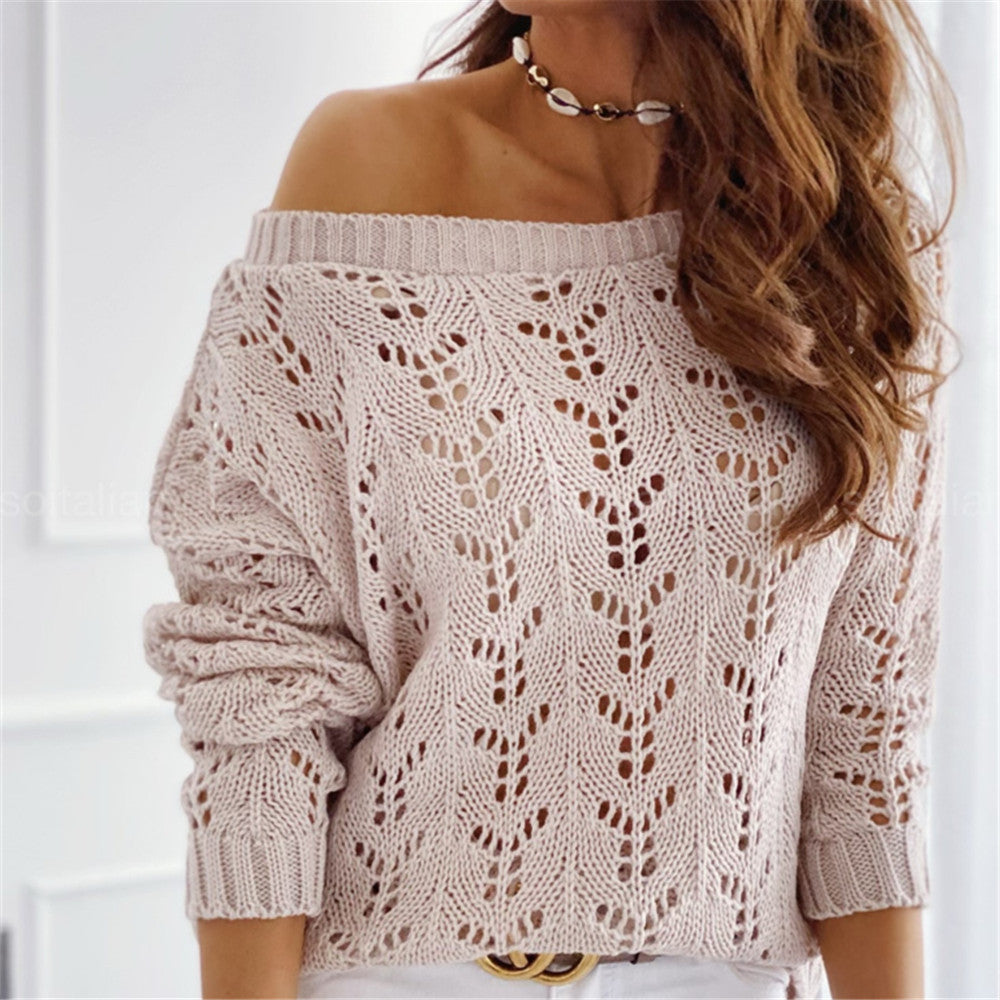 Damen Off-Shoulder Strickpullover mit filigranem Lochmuster Sovae