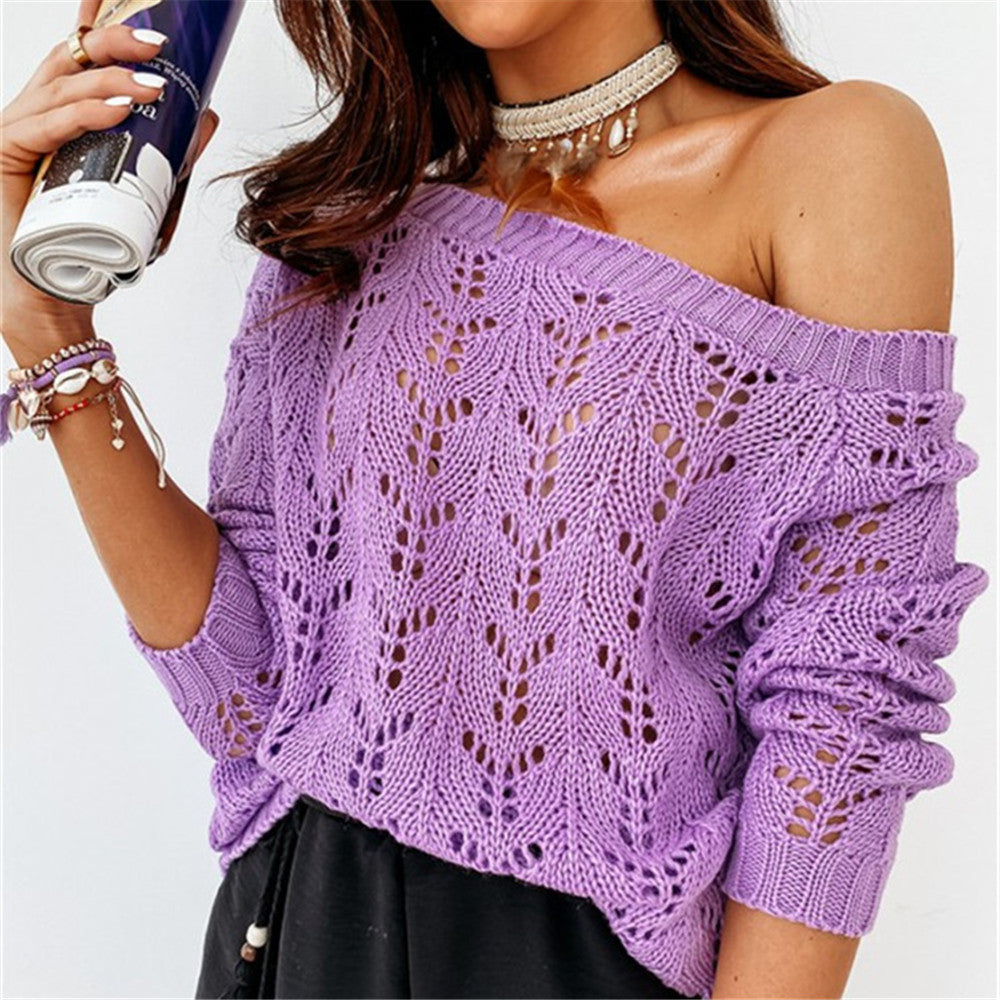 Damen Off-Shoulder Strickpullover mit filigranem Lochmuster Sovae