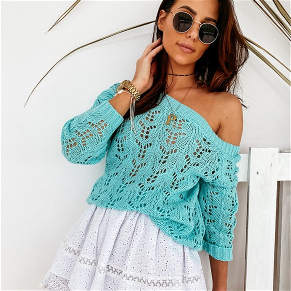Damen Off-Shoulder Strickpullover mit filigranem Lochmuster Sovae