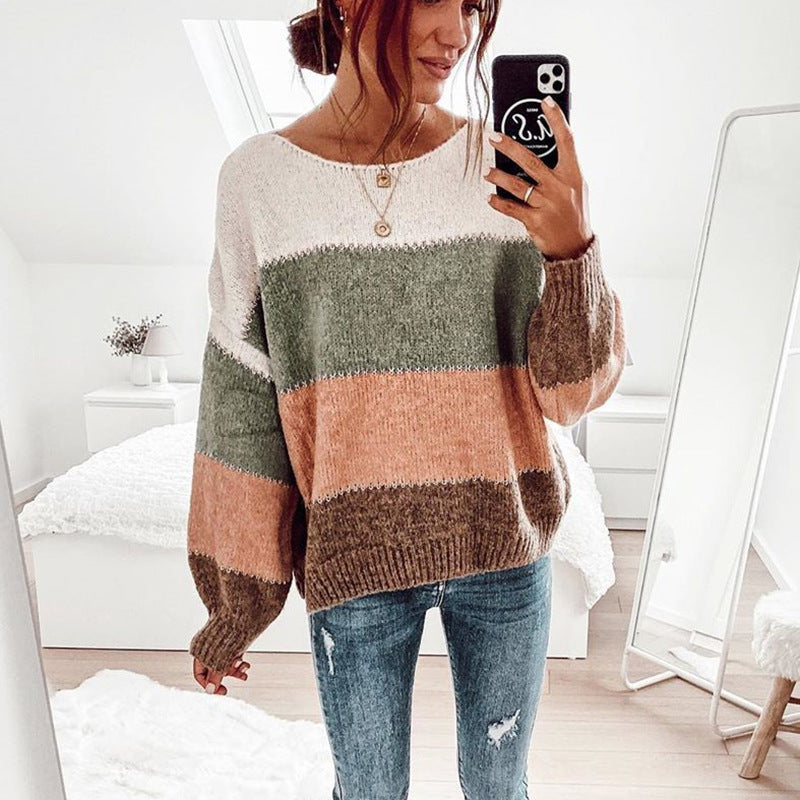 Damen modischer Pullover mit auffälligem Streifenmuster und lässigem Schnitt Sovae