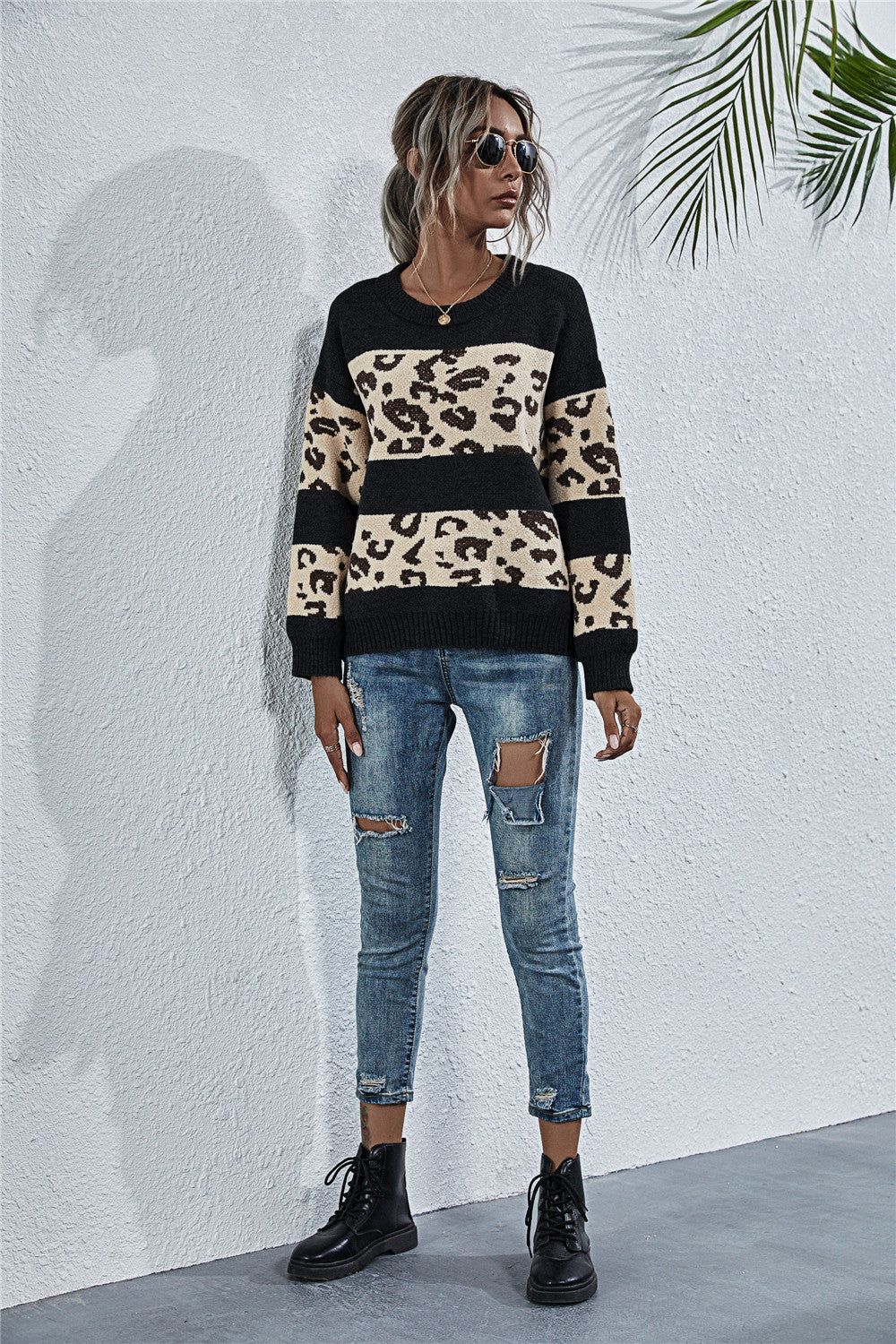 Damen gemütlicher Strickpullover mit Leopardenmuster Sovae