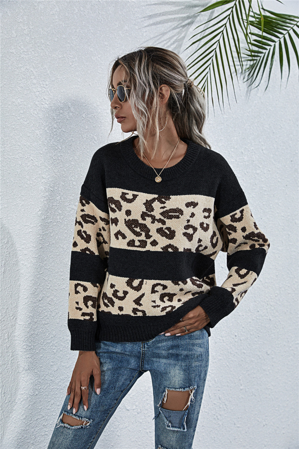 Damen gemütlicher Strickpullover mit Leopardenmuster Sovae