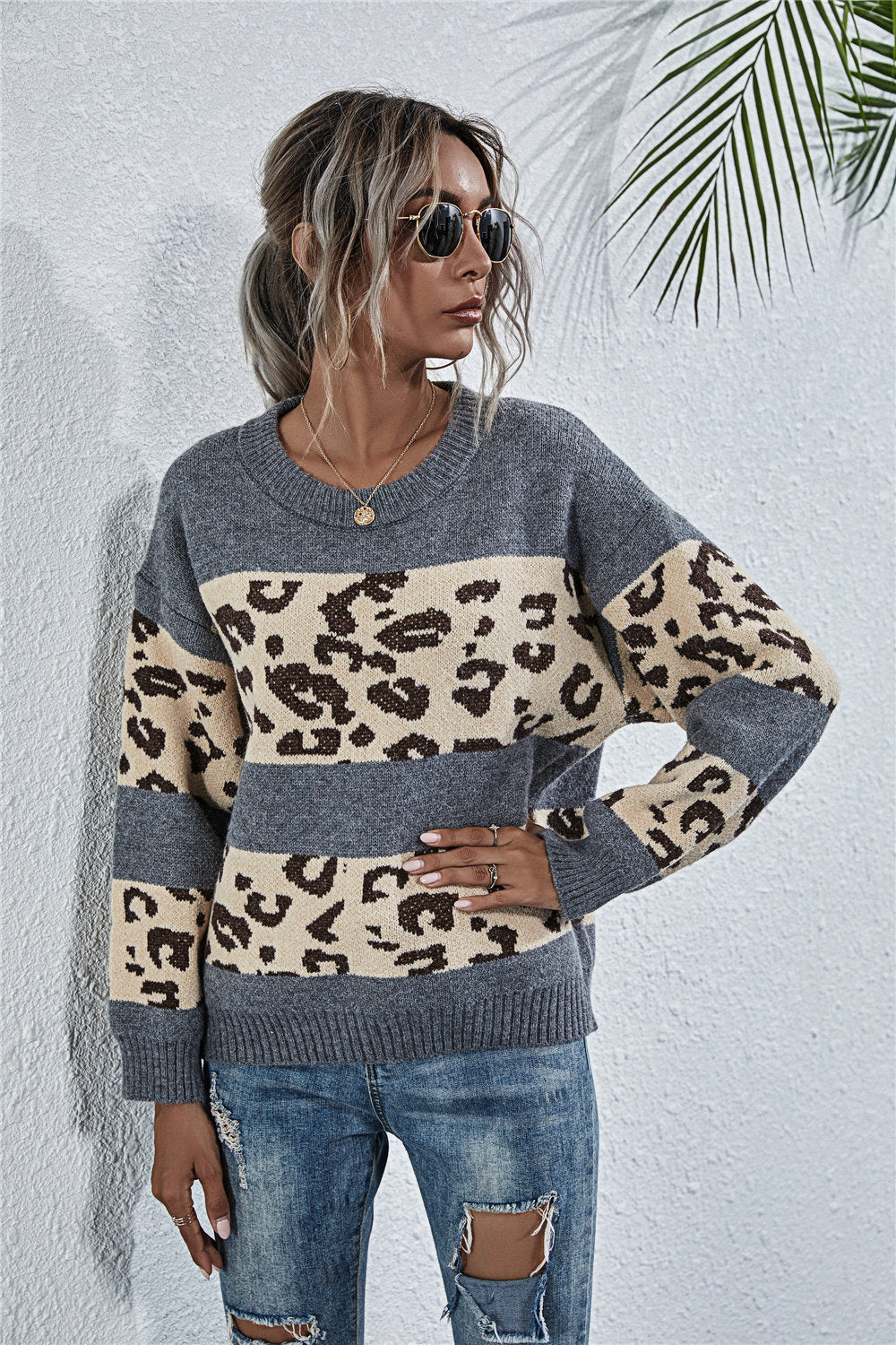 Damen gemütlicher Strickpullover mit Leopardenmuster Sovae