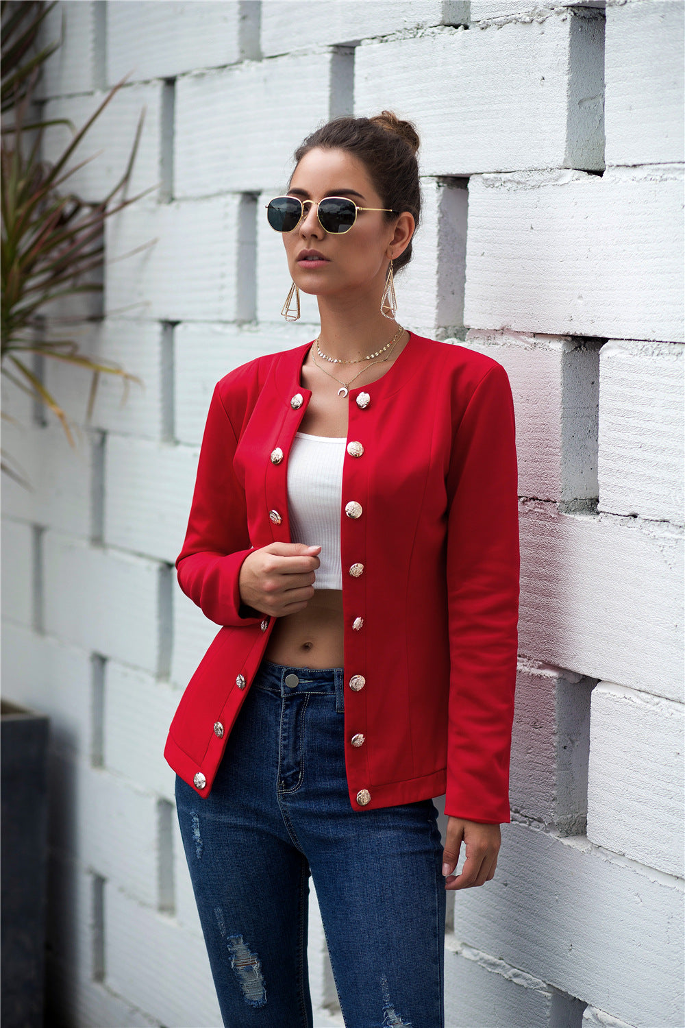 Damen modischer Blazer mit strukturiertem Stoff und besonderen Knopfdetails Sovae