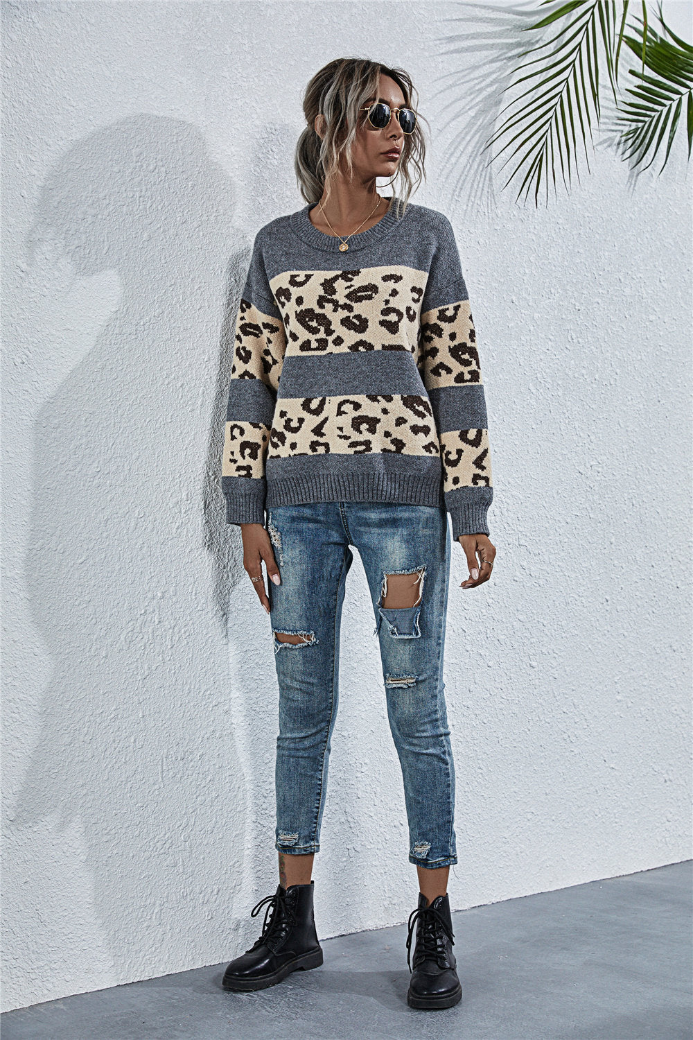 Damen gemütlicher Strickpullover mit Leopardenmuster Sovae