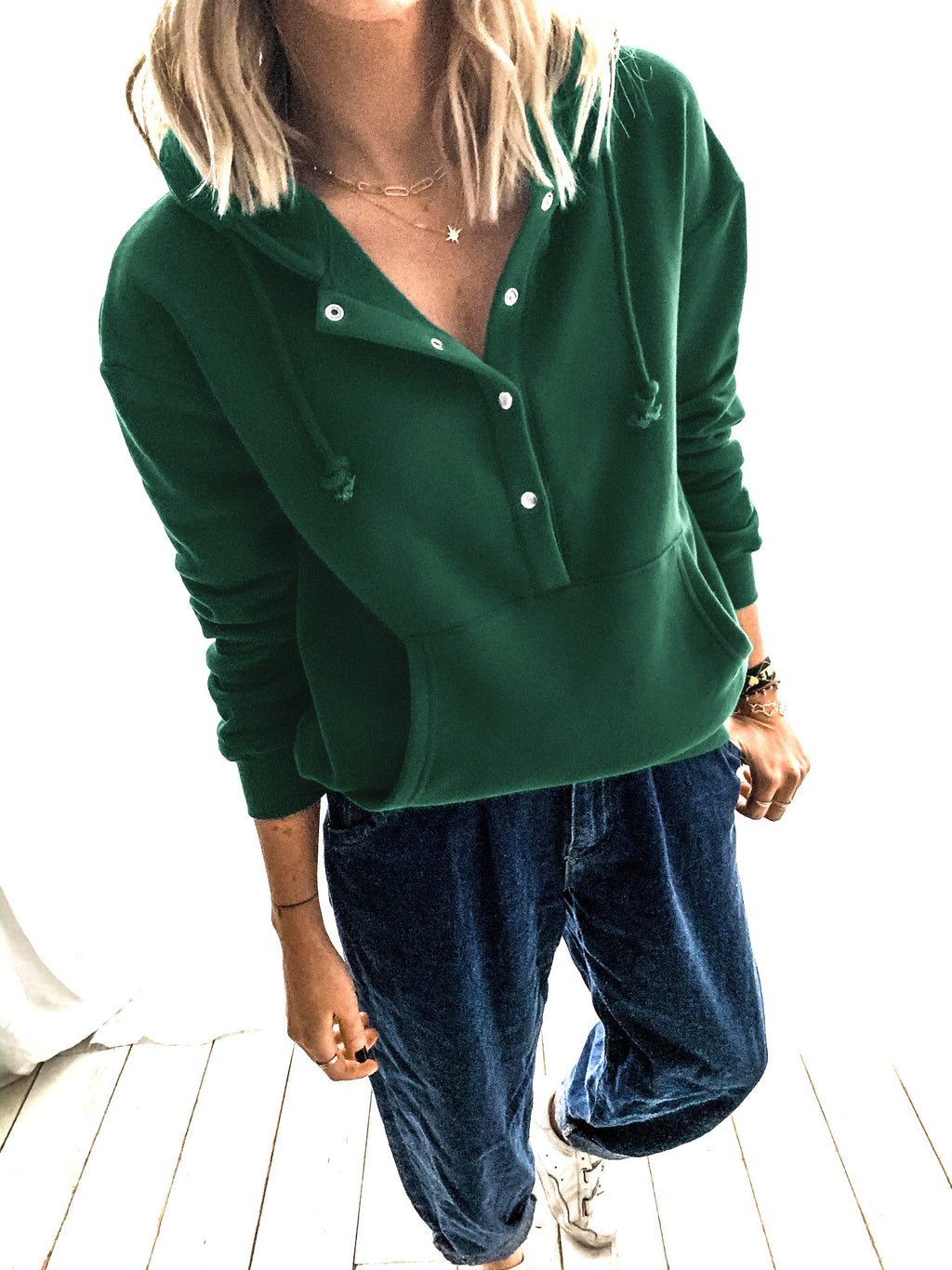 Damen Kapuzenpullover mit Knopfleiste und Taschen Sovae