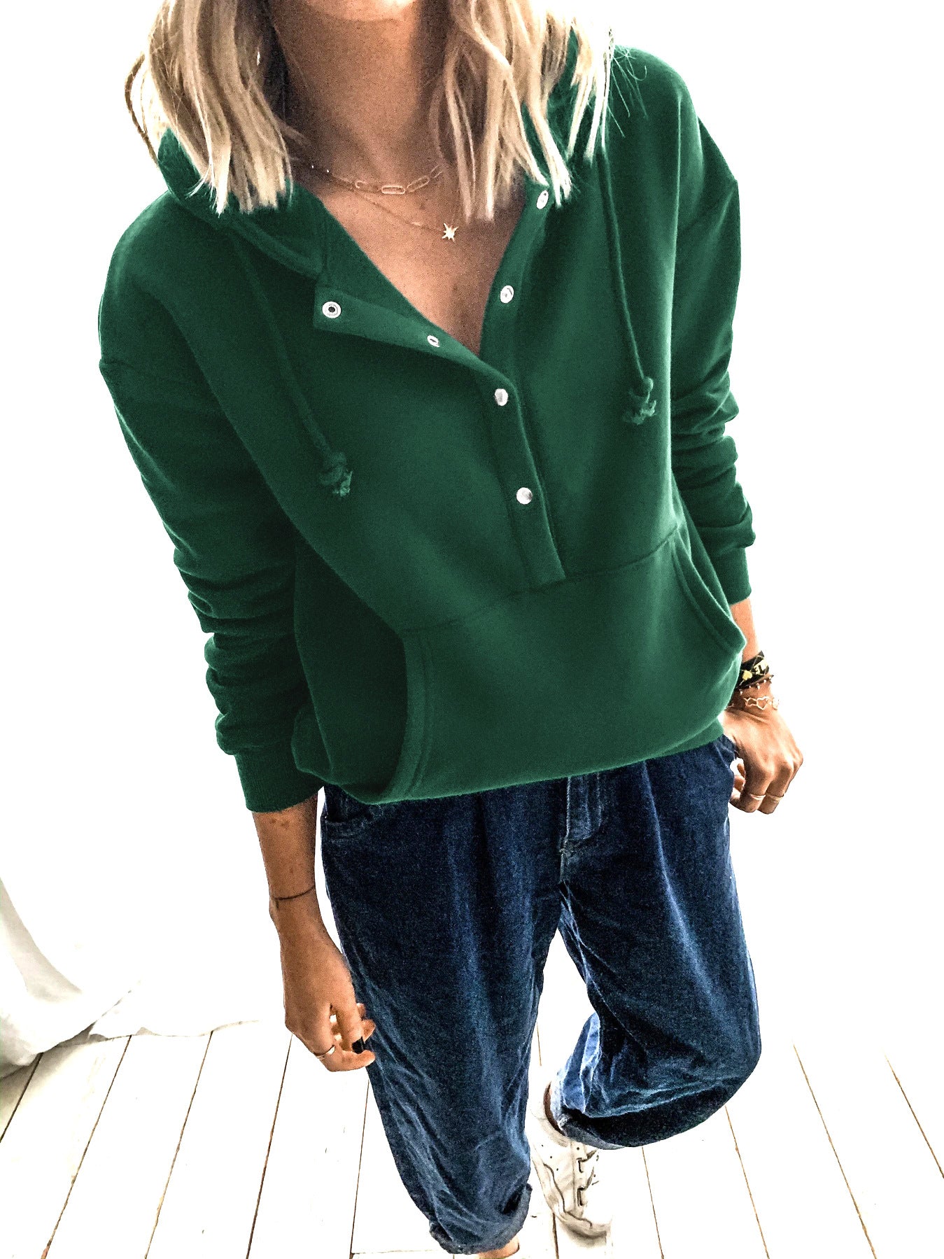 Damen Kapuzenpullover mit Knopfleiste und Taschen Sovae