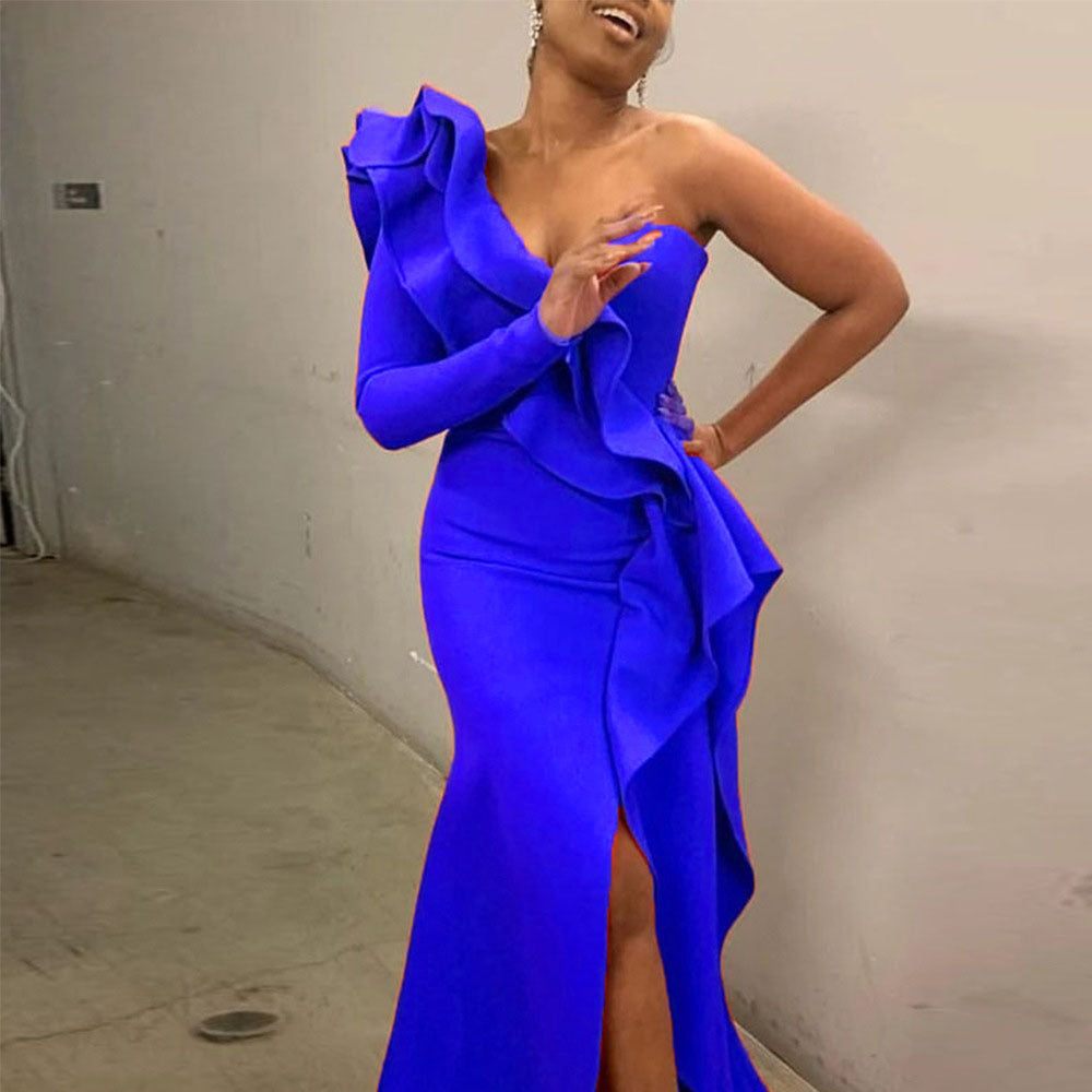Damen Abendkleid mit asymmetrischem Rüschen-Design und hohem Schlitz Sovae