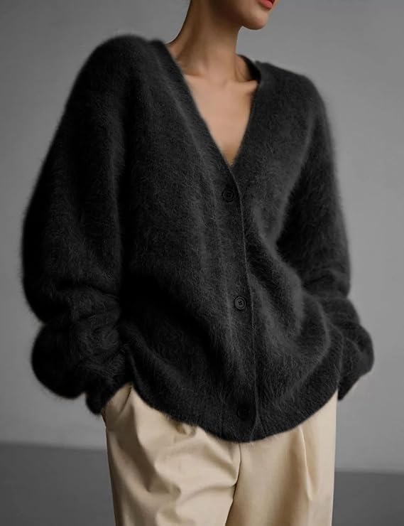 Damen kuschelige Strickjacke mit weichem Mohair-Mix und eleganter Knopfleiste Sovae