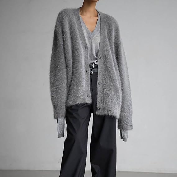 Damen kuschelige Strickjacke mit weichem Mohair-Mix und eleganter Knopfleiste Sovae