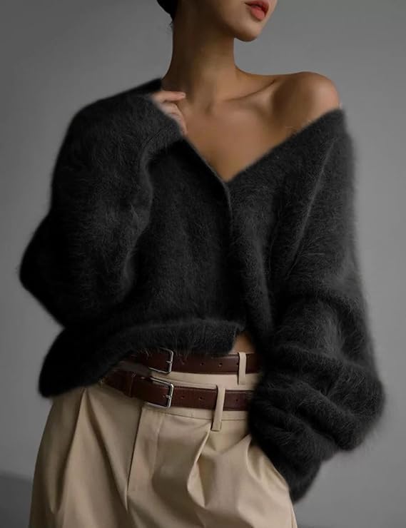 Damen kuschelige Strickjacke mit weichem Mohair-Mix und eleganter Knopfleiste Sovae