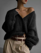 Damen kuschelige Strickjacke mit weichem Mohair-Mix und eleganter Knopfleiste