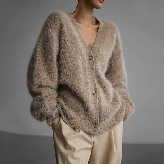 Damen kuschelige Strickjacke mit weichem Mohair-Mix und eleganter Knopfleiste Sovae