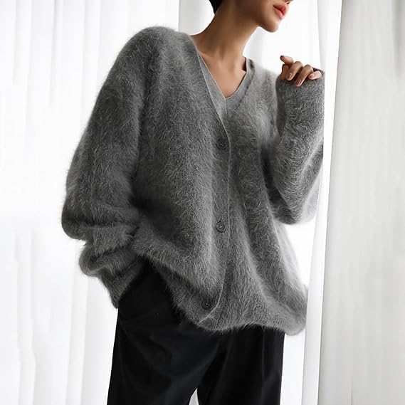 Damen kuschelige Strickjacke mit weichem Mohair-Mix und eleganter Knopfleiste Sovae