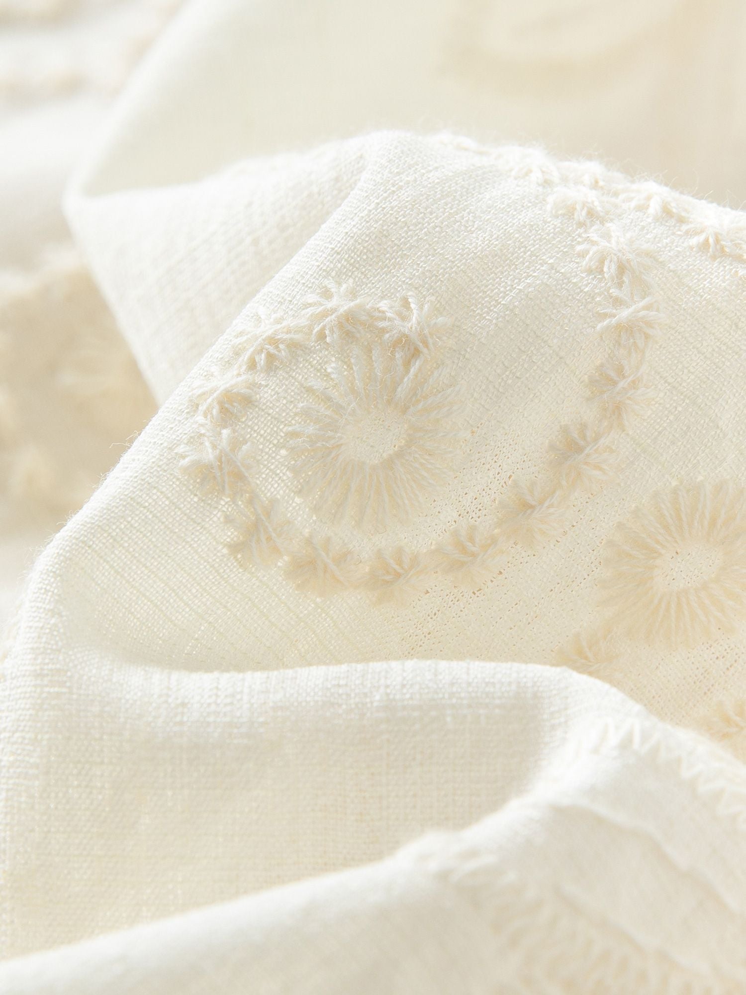 Nahaufnahme des cremefarbenen Stoffs mit zarter floraler Stickerei und Spitzenbesatz