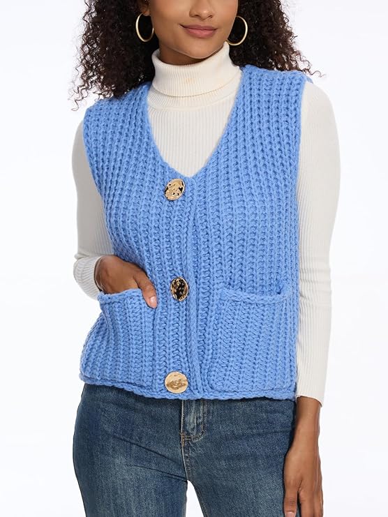 Damen Strickweste mit Taschen und Knopfdetail Sovae
