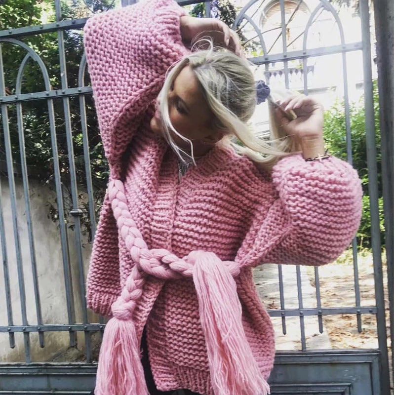 Damen Grobstrickjacke mit geflochtenem Gürtel und voluminösen Ärmeln Sovae