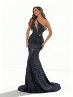 Sovae | Glamouröses Marineblaues Paillettenkleid mit Einem Schulterträger