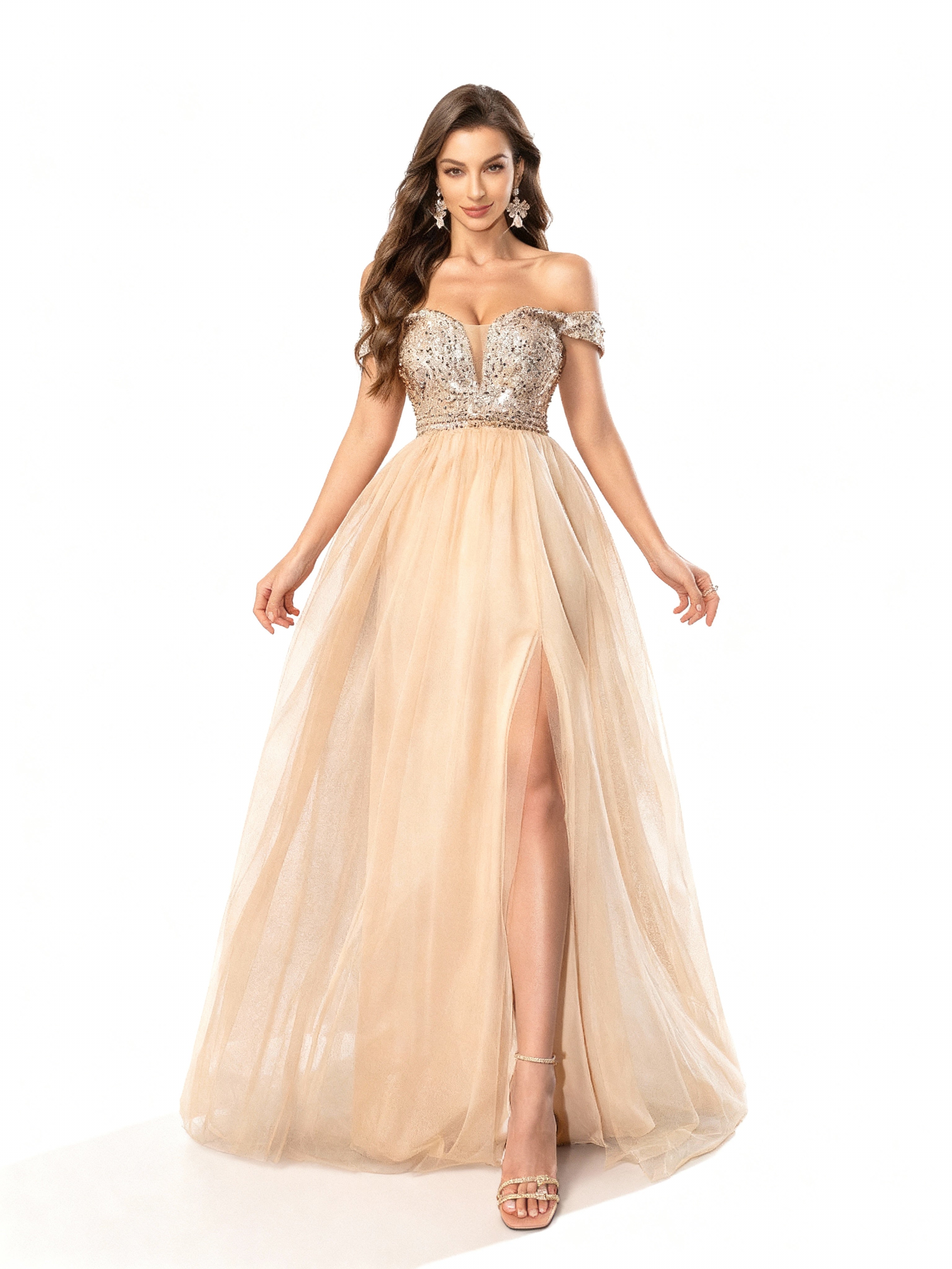 Sovae | Elegantes Abendkleid mit Pailletten, Netzstoff und seitlichem Schlitz