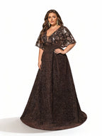 Sovae | Champagnerfarbenes Langes Kleid mit Blumen-Pailletten in Großen Größen