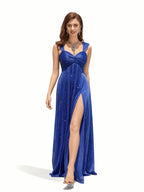 Sovae | Glänzendes Brautjungfernkleid mit Trägern und Schlitz für festliche Anlässe