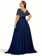 Sovae | Langkleid in Großen Größen mit Strass und Perlen