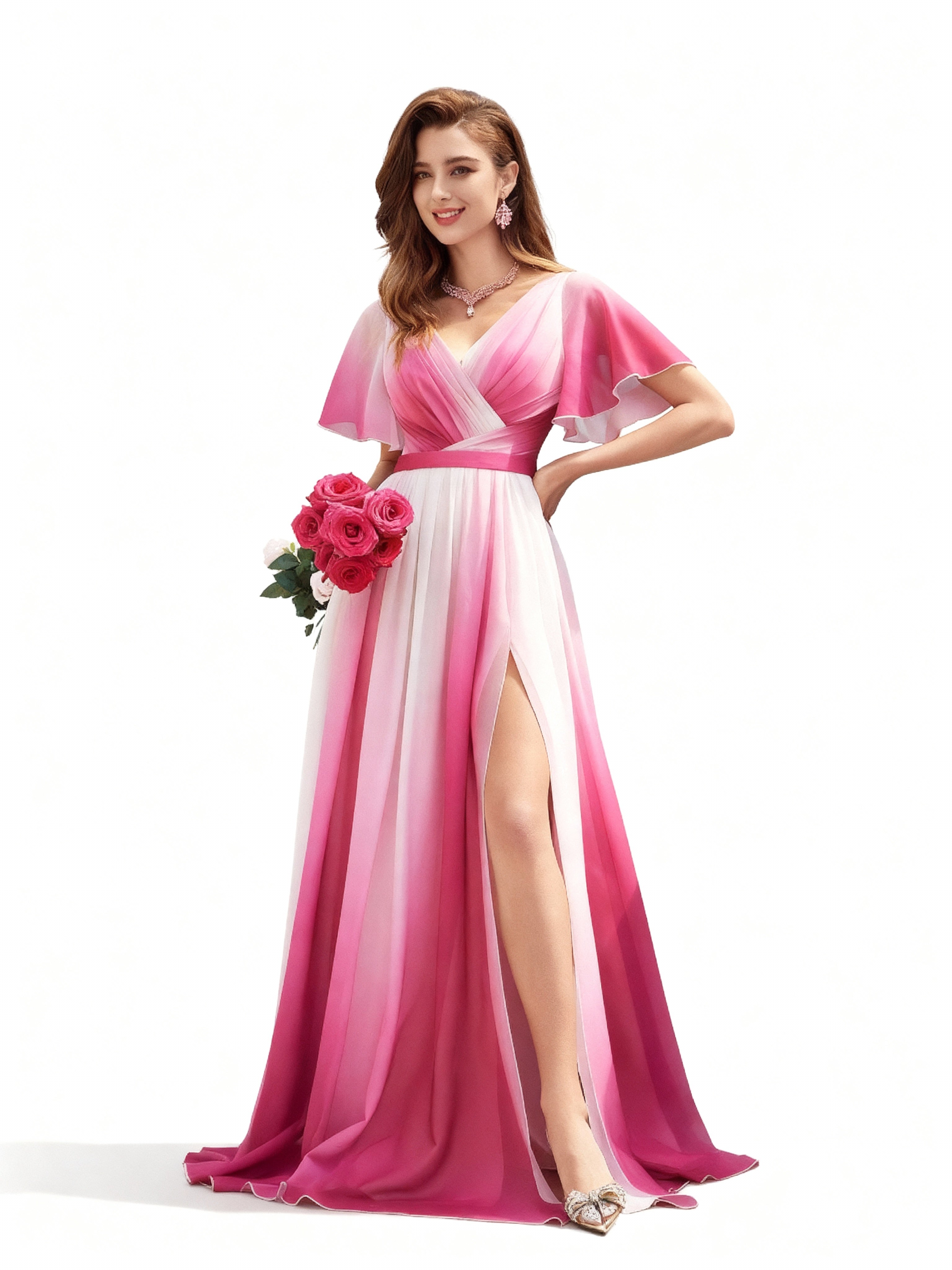 Sovae | Romantisches Abendkleid mit Farbverlauf, Wickeldesign und hohem Schlitz