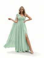 Sovae | Romantisches rosa Brautjungfernkleid mit Schleife, einer Schulter und hohem Schlitz