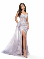 Sovae | Fliederfarbenes Trägerloses Kleid mit Hohem Schlitz