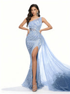 Sovae | Fliederfarbenes Trägerloses Kleid mit Hohem Schlitz