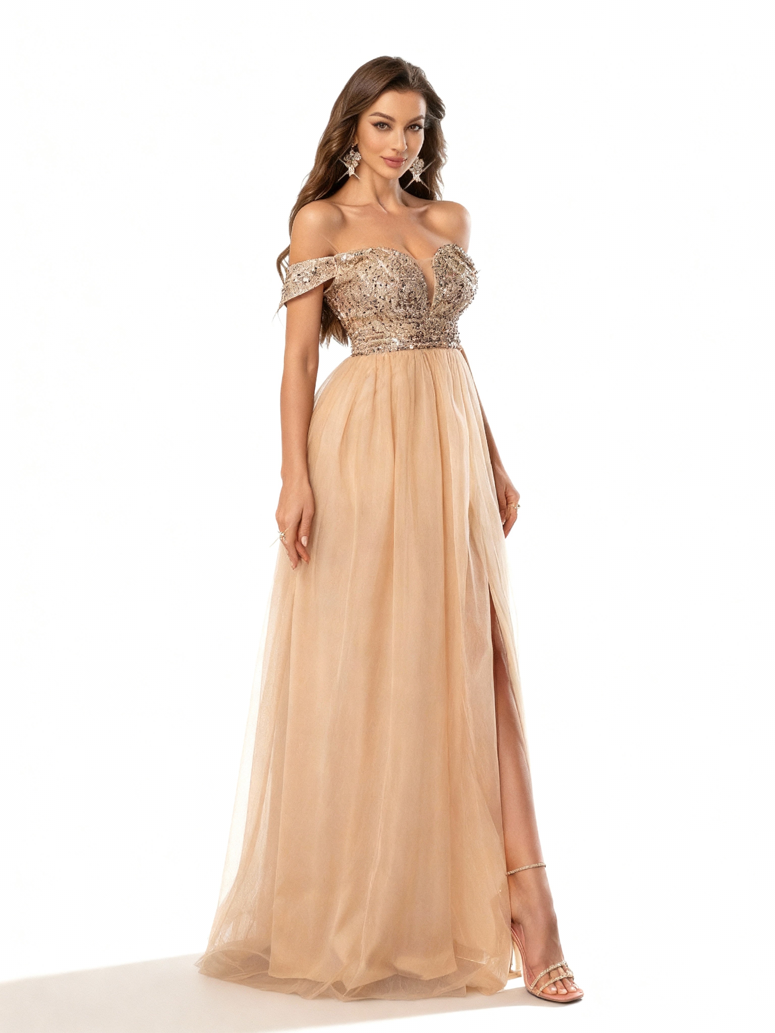 Sovae | Elegantes Abendkleid mit Pailletten, Netzstoff und seitlichem Schlitz