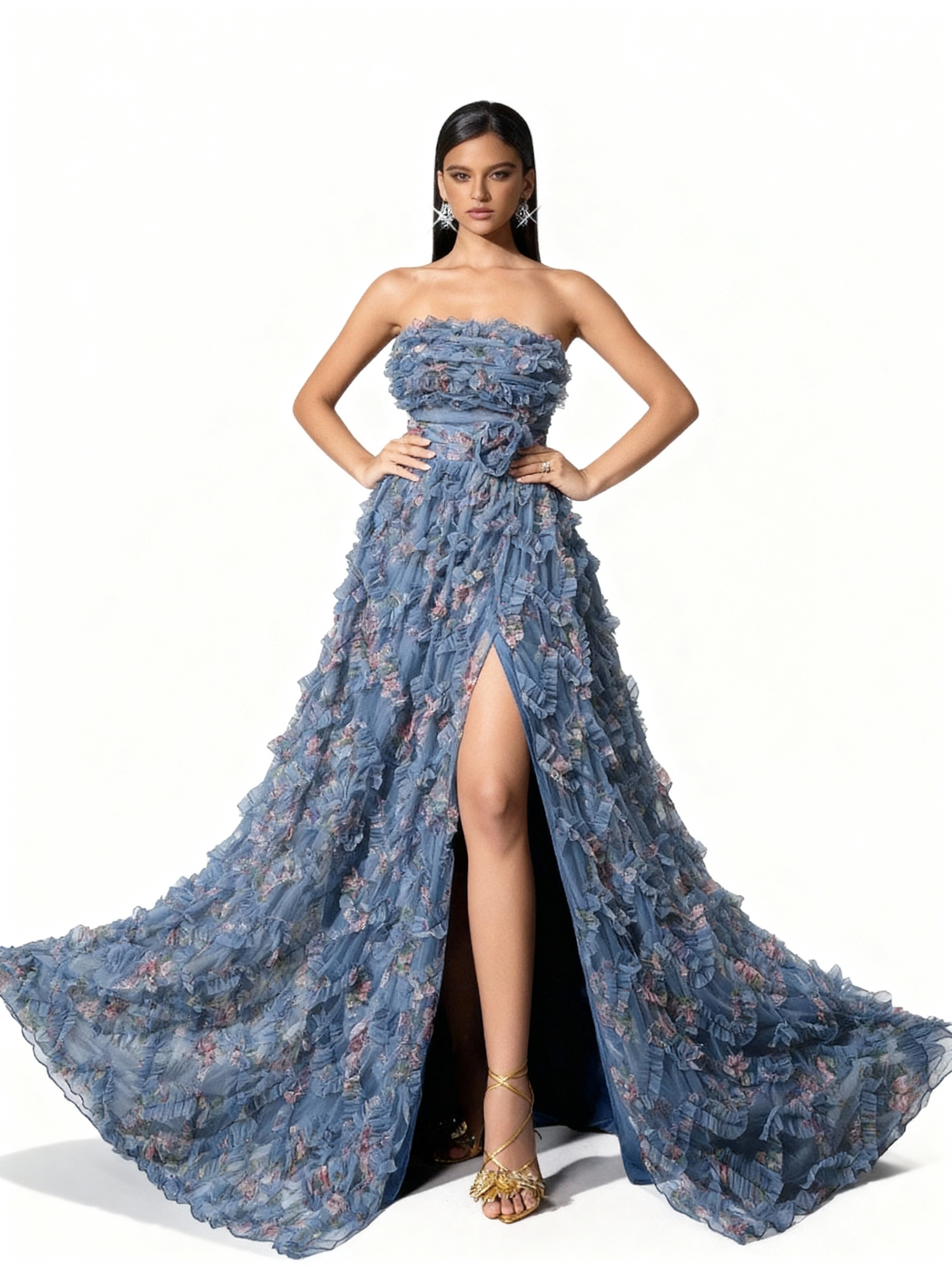 Sovae | Sommerliches Abendkleid mit Blumenmuster, offenem Rücken und hohem Beinschlitz