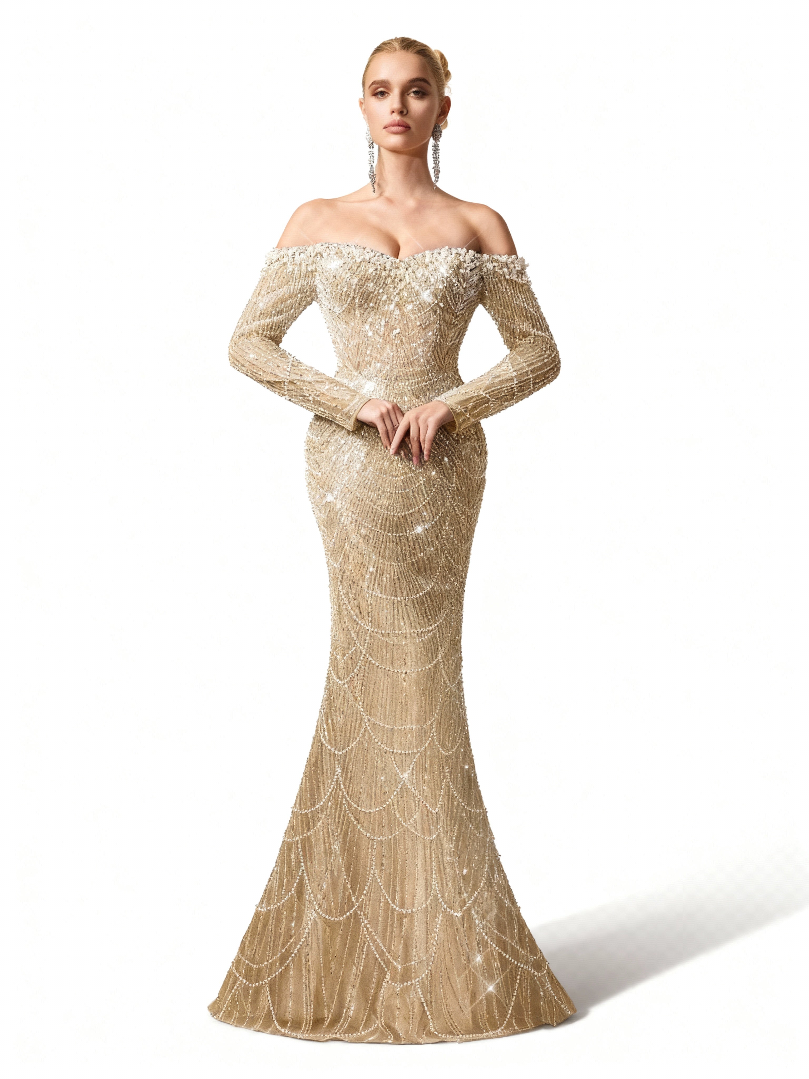 Sovae | Göttliches Abendkleid in Himmelblau mit Pailletten, schulterfreiem Schnitt und Meerjungfrauen-Design