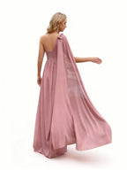 Sovae | Romantisches rosa Brautjungfernkleid mit Schleife, einer Schulter und hohem Schlitz