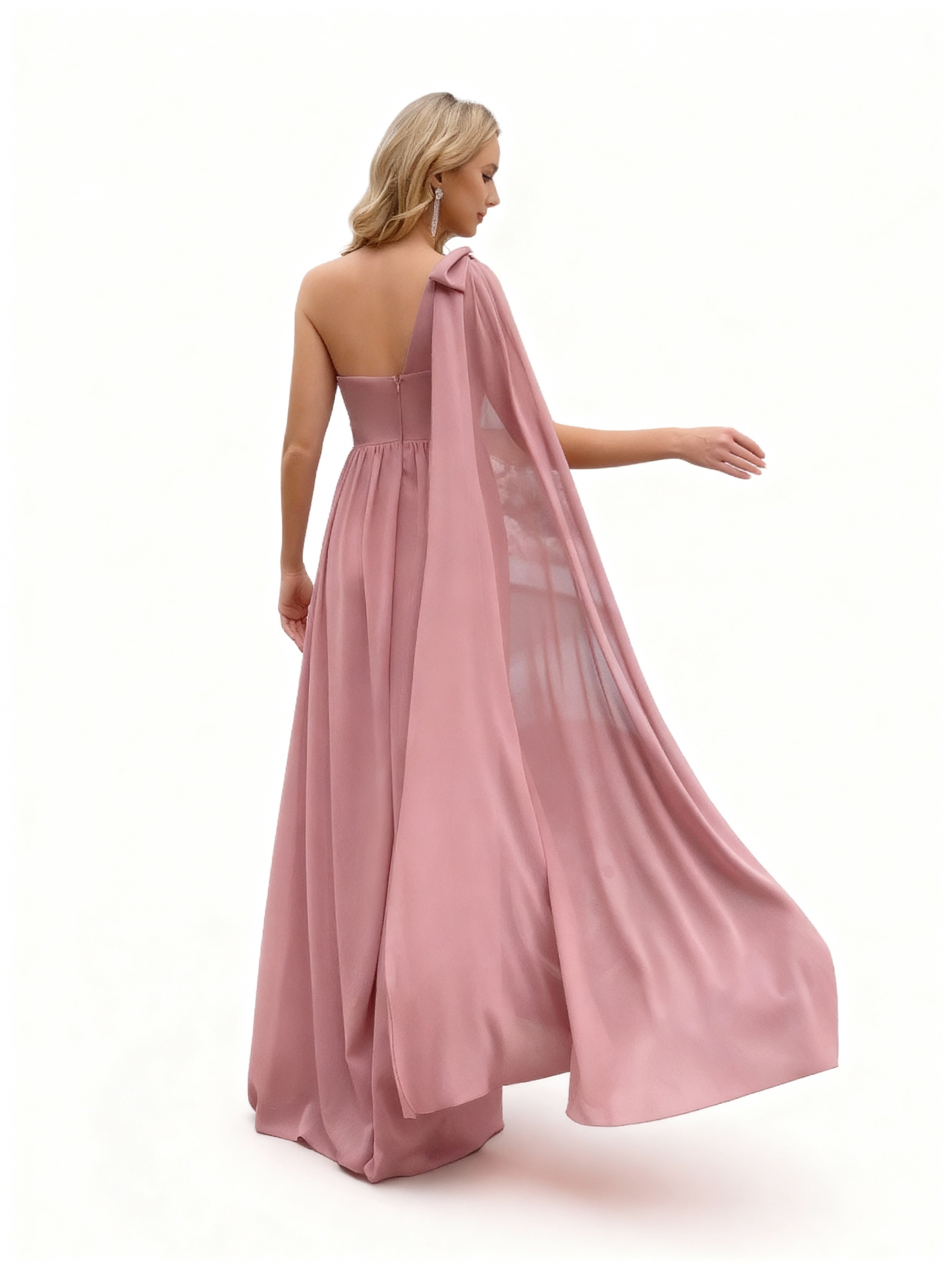 Sovae | Romantisches rosa Brautjungfernkleid mit Schleife, einer Schulter und hohem Schlitz