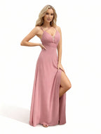 Sovae | Stilvolles Chiffon-Brautjungfernkleid in Rosa mit Neckholder und Schlitz