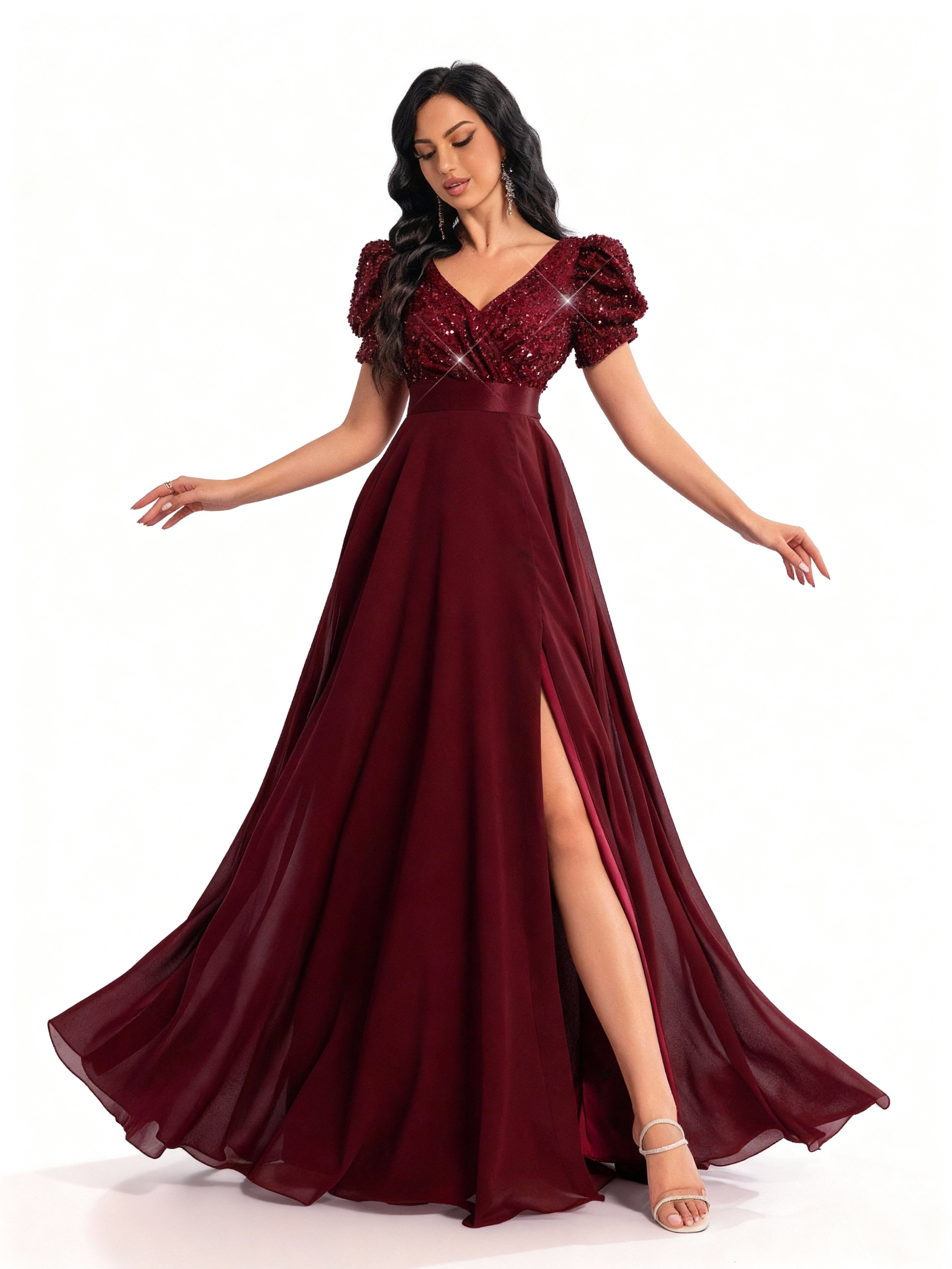 Sovae | Paillettenkleid mit V-Ausschnitt und Schlitzärmeln