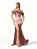 Sovae | Edles Abendkleid mit Falten und Blumenverzierung in elegantem Stil