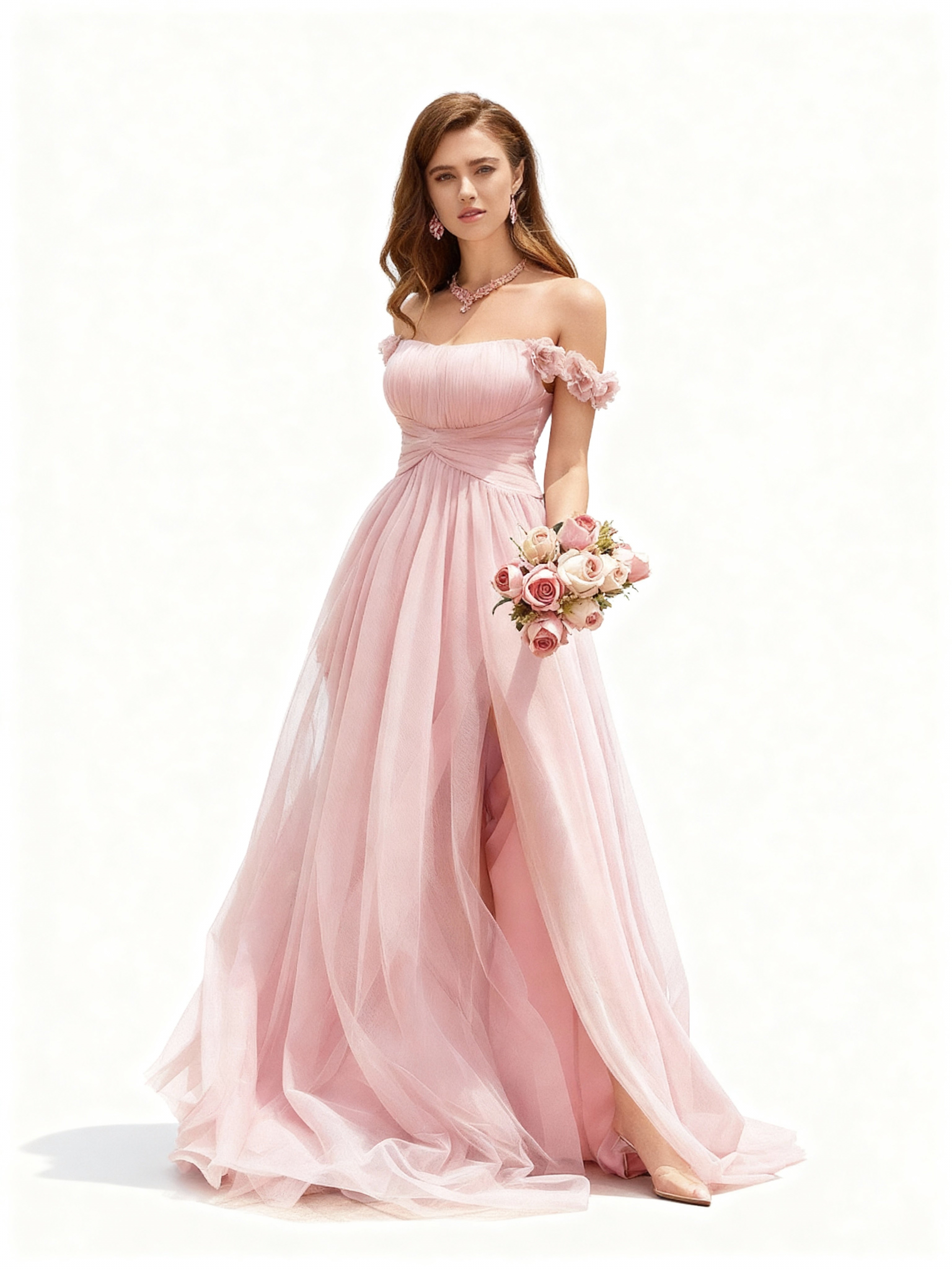 Sovae | Sommerliches Abendkleid in Rosa mit Blumenverzierung und Schlitz in der Taille