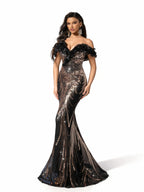 Sovae | Schwarzes Pailletten-Abendkleid mit schulterfreiem Design und Fischschwanz-Saum