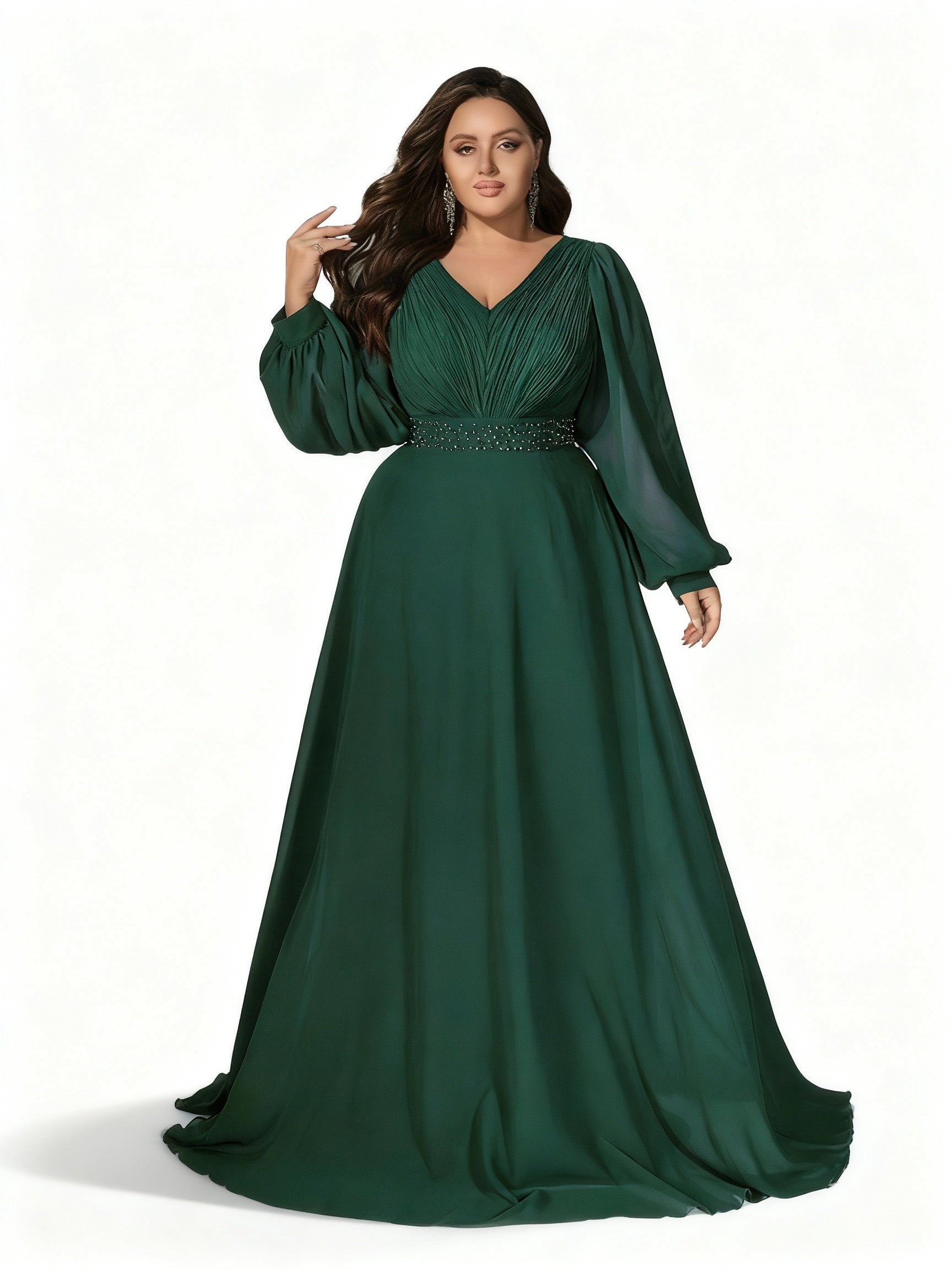 Sovae | Dunkelgrünes Abendkleid in Übergröße mit Perlenverzierung an der Taille