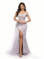 Sovae | Fliederfarbenes Trägerloses Kleid mit Hohem Schlitz