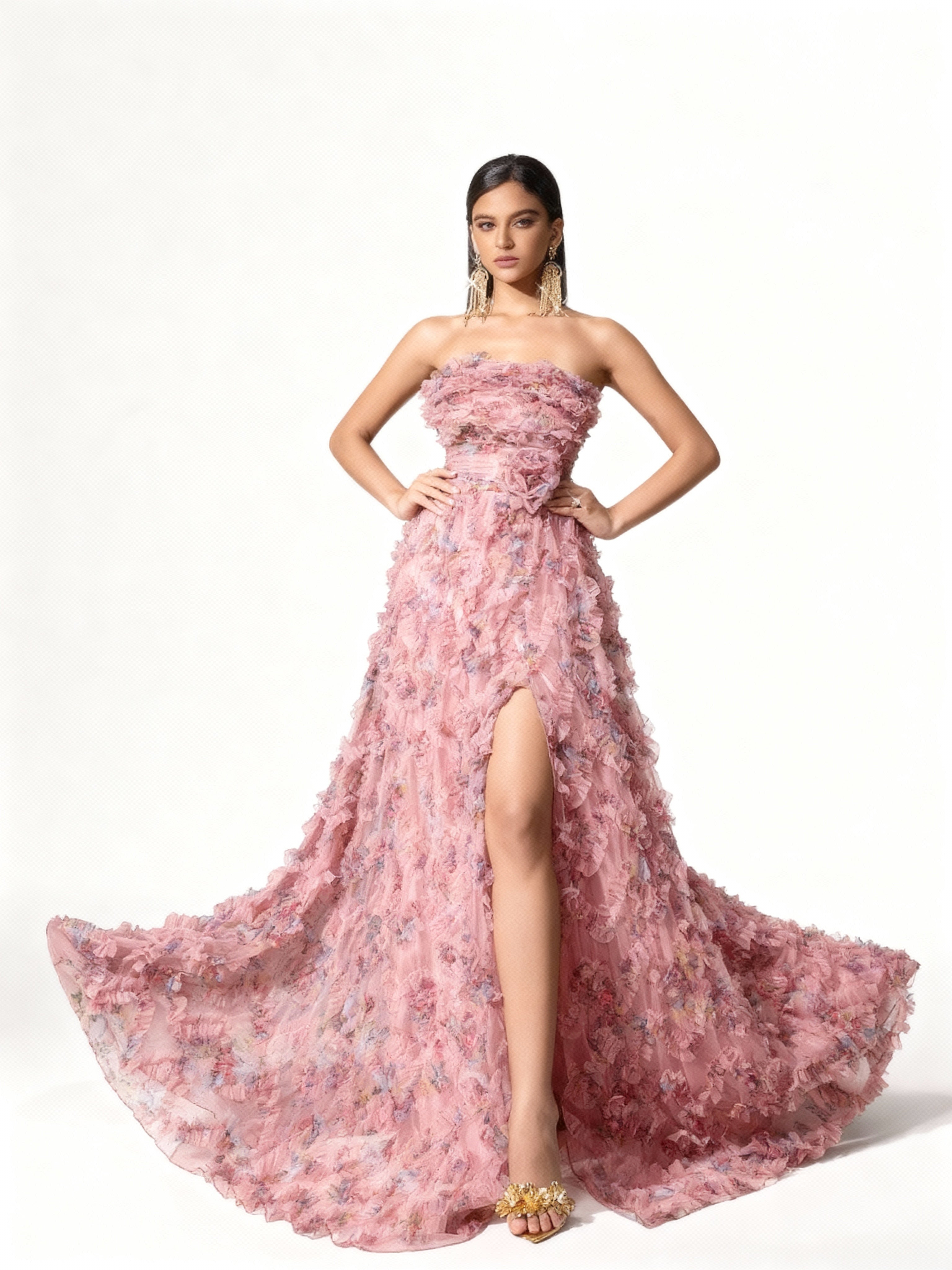 Sovae | Sommerliches Abendkleid mit Blumenmuster, offenem Rücken und hohem Beinschlitz