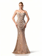 Sovae | Perlenverziertes Kleid mit Einer Schulter in Bodenlänge